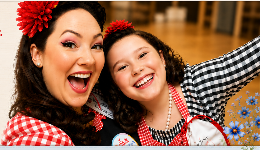 Mother and daughter in red gingham aprons at the farm stand